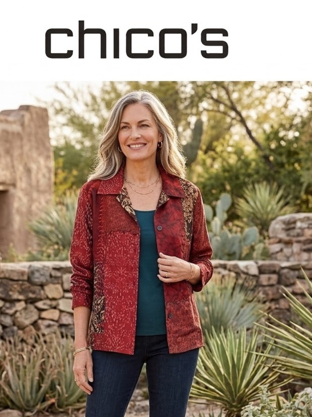 Chico's Rust Red Printed Jacket with Earthy Accents